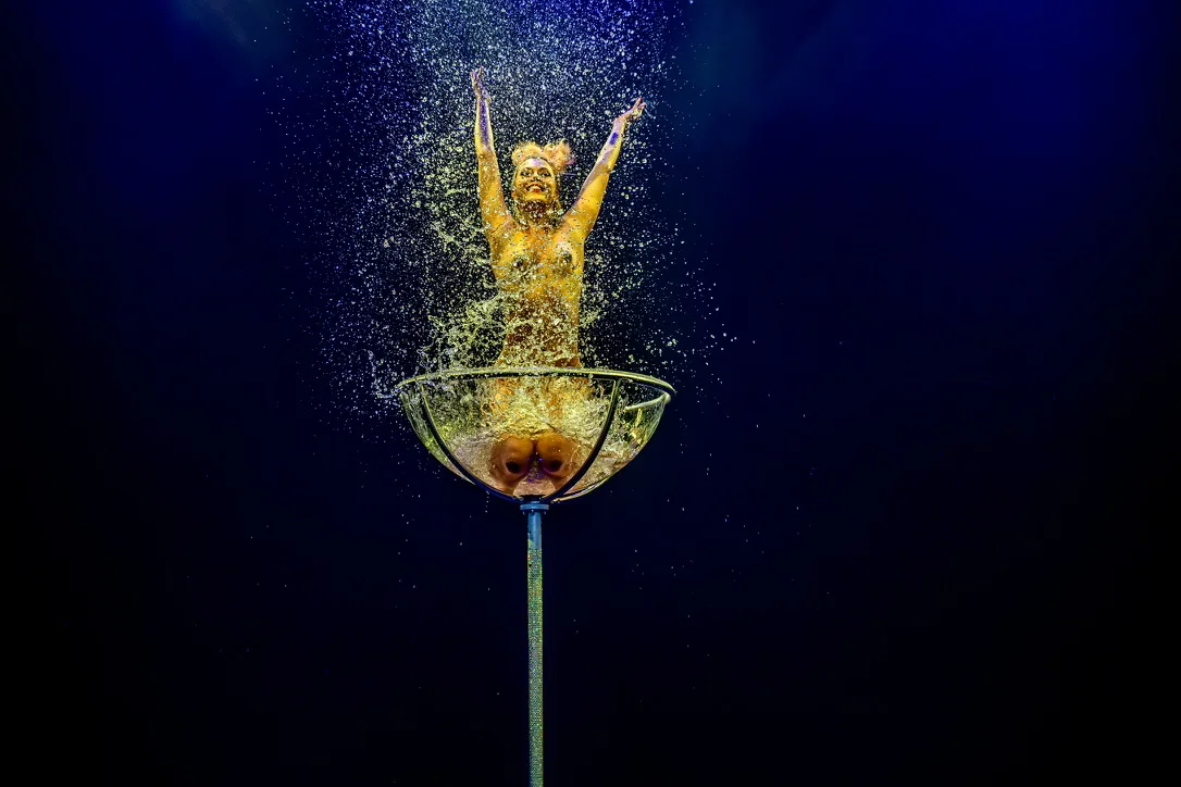 Champagne-act in een groot glas, optionele uitbreiding, geen registratie van onze dinnershow