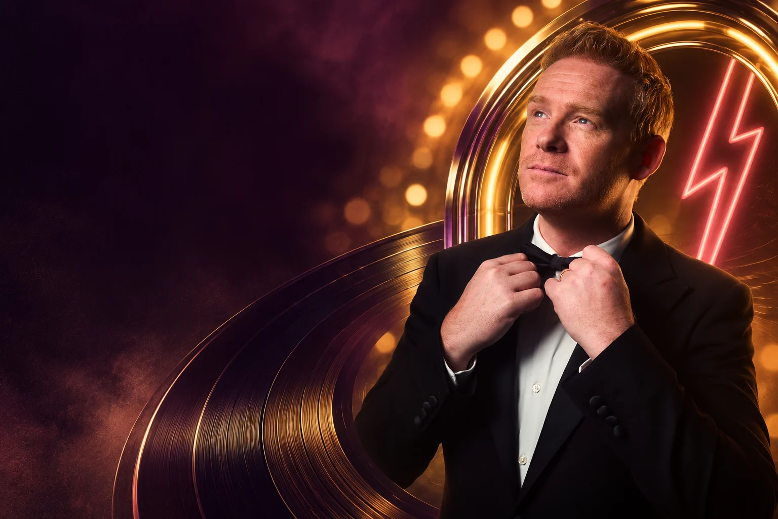 Themacollage met Bernd van de Sanden in smoking, vinylgroeven en gouden neonbogen